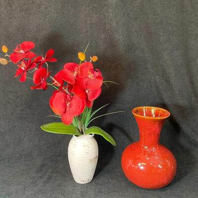 Lot 96  Red Vase & Silk Orchid in White Vase