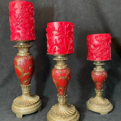 Lot 99  Three Pillar Candle Holders w/ Candles
