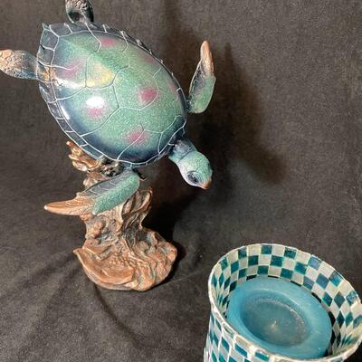 Lot 102  Aqua Turtle Figurine and Candle Vase