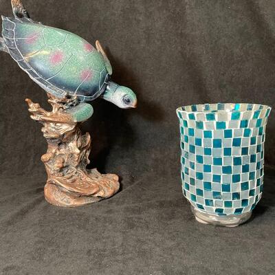 Lot 102  Aqua Turtle Figurine and Candle Vase