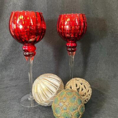 Lot 108  Pair of Glass Candle Stands & 3 Orbs