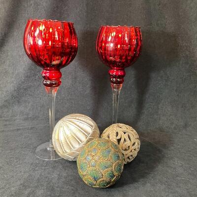 Lot 108  Pair of Glass Candle Stands & 3 Orbs