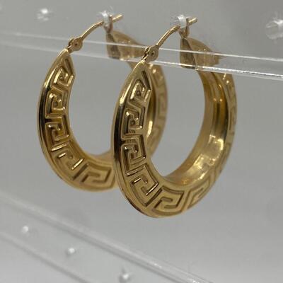 Lot 4: 14k Yellow Gold Pierced Hoop Earrings with Greek Key Design