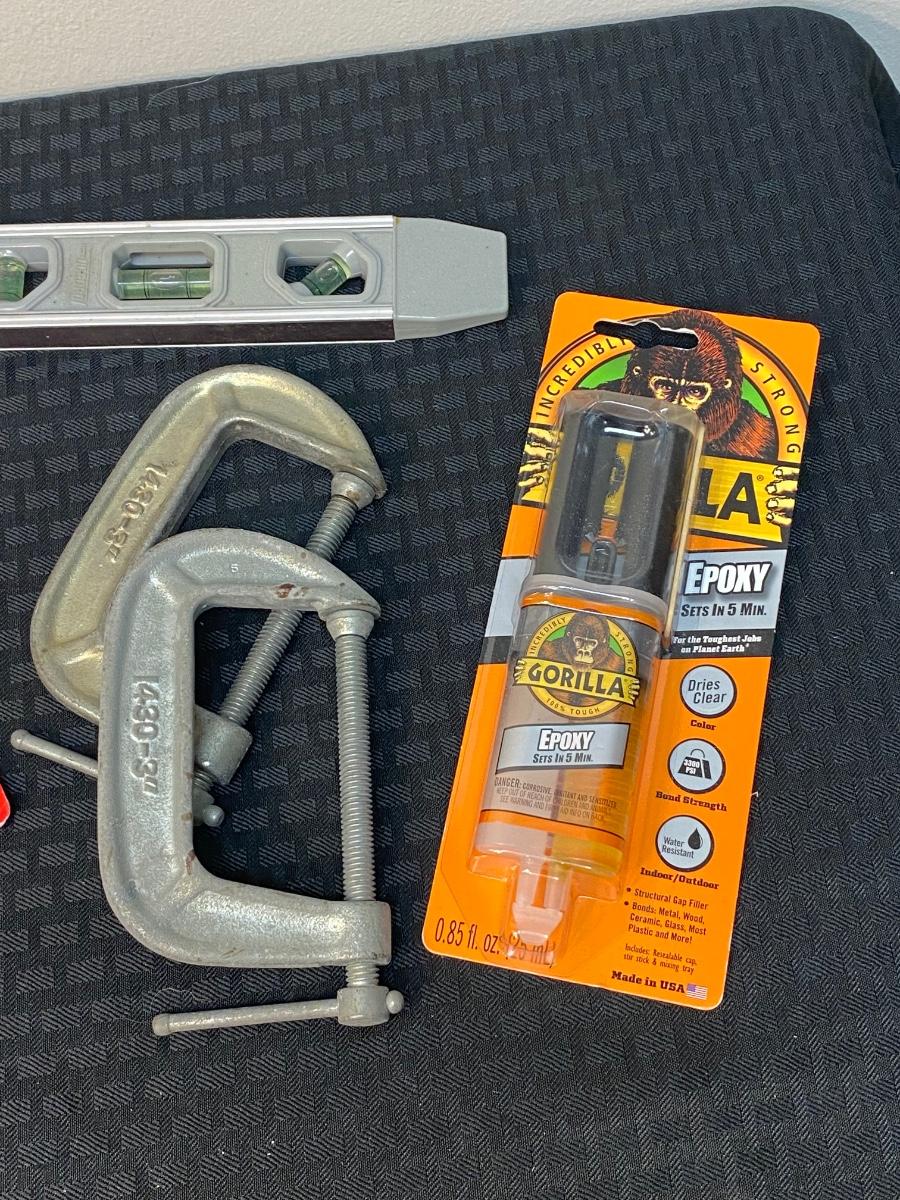 Lot of Quick Setting Epoxy, Gorilla Glue, Clamps, and Measuring Level