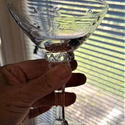 Lot #27  Set of 9 Crystal Etched Vintage Champagne Glasses
