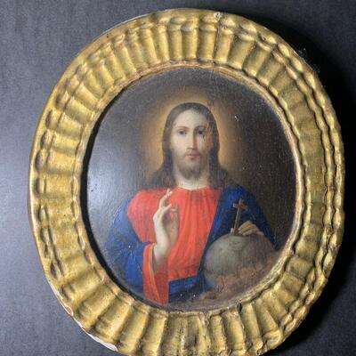 Antique Oil on Wood Painting of Jesus