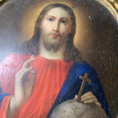 Antique Oil on Wood Painting of Jesus