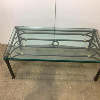 D897 Cast Iron Glass Coffee Table with Brass Accent Pieces