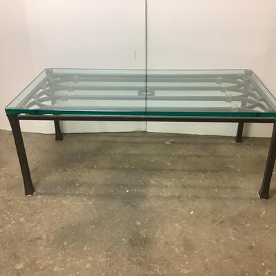 D897 Cast Iron Glass Coffee Table with Brass Accent Pieces
