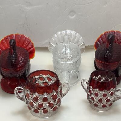 F954 Set of Two Ruby Flash Glass Sugars, with Turky Condiment Holders