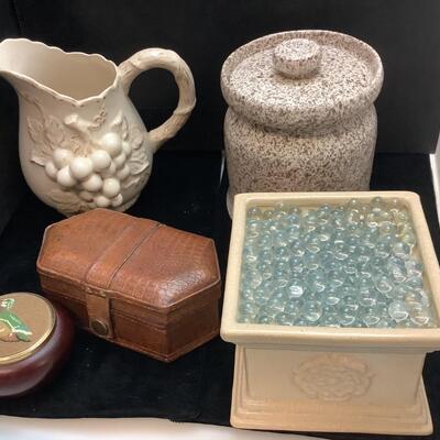 F977 Lot of Decorative Pottery , Leather Box and Dish
