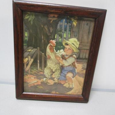 Framed Child Holding Rooster Picture Puffed Raised Surface