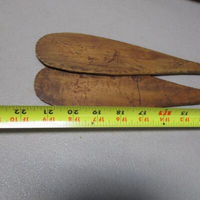 Adirondack Hand Crafted Wooden Canoe & Folk Art Engraved Paddles Circa 1800's