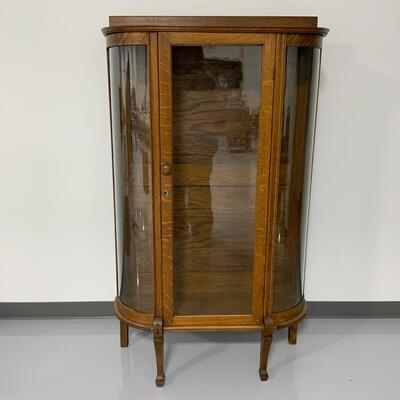 -128- Curved Glass Oak Curio Cabinet