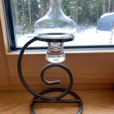 Glass Oil Lamp on hand forged iron stand