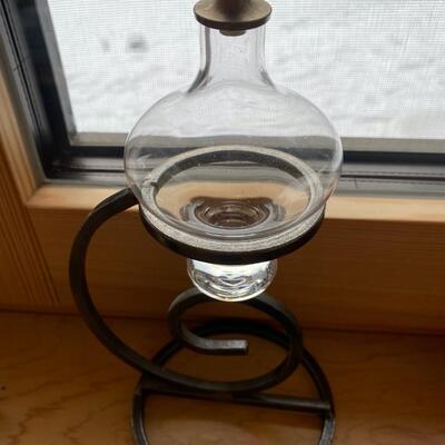 Glass Oil Lamp on hand forged iron stand