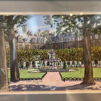 Framed Original Artwork, Watercolor Place des Voges