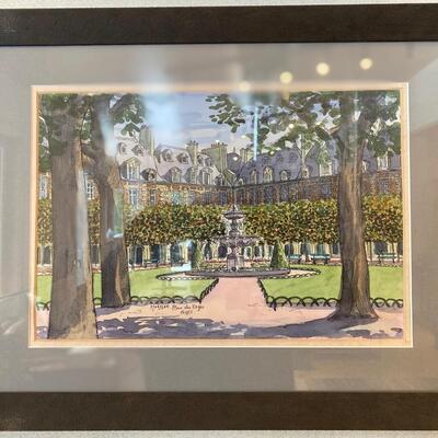 Framed Original Artwork, Watercolor Place des Voges