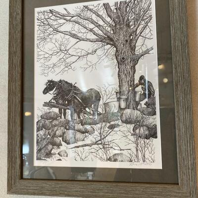 Framed "Maple Sugaring" artwork in barnwood frame