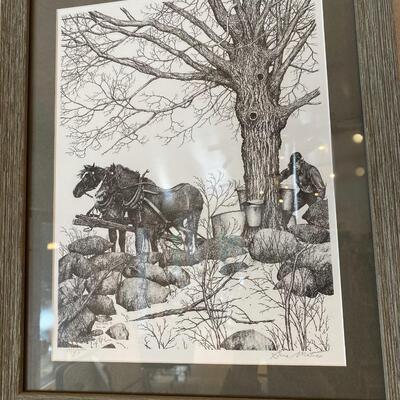 Framed "Maple Sugaring" artwork in barnwood frame