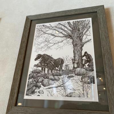 Framed "Maple Sugaring" artwork in barnwood frame
