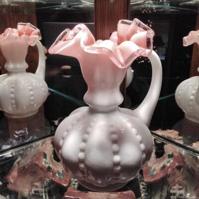 Vintage Fenton Glass Silver Crest Ruffled Crimped Pitcher Vase Pink and White