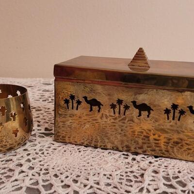 Lot 23: Vintage Brass Box with Camels and Palms and Candleholder with Palms