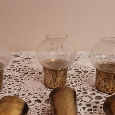 Lot 24: Vintage Brass Candleholders- Hammered Cones and Small Brass & Glass Lantern Candleholders