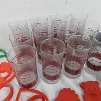 Kitchen Lot: Striped Burgundy Glasses, Assorted Cookie Cutters