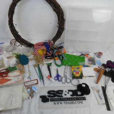 Assorted Craft Lot: Twine Wreath, Art Bin Craft Organizer, Ribbon, Beads