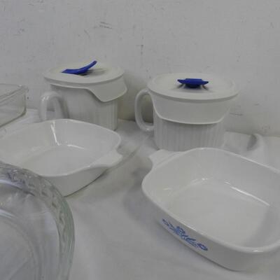 9 pc Pyrex and Corning Ware, 2 75th Anniversary Pyrex Pie Dishes