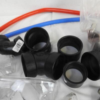 Home Improvement Lot: Pipe Fittings, Hoses, Safety Glasses