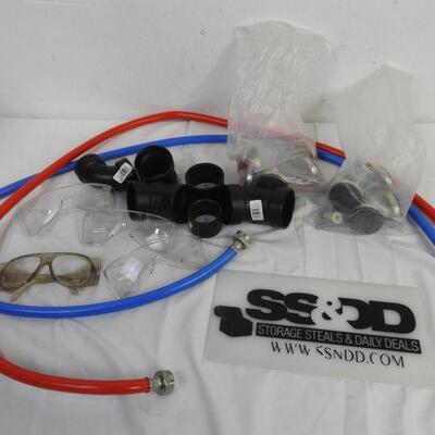 Home Improvement Lot: Pipe Fittings, Hoses, Safety Glasses