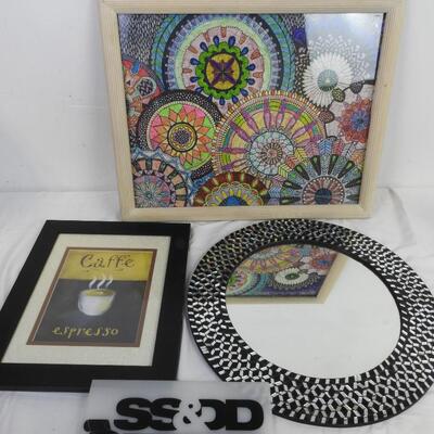 3 pc Wall Decor, Round Black and Silver Mirror, Caffe Espresso, Colored Puzzle