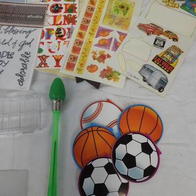 Craft Lot: Wood/Rubber Stamps, Crystal Jewelry, Thread, Stickers, Knitting Round
