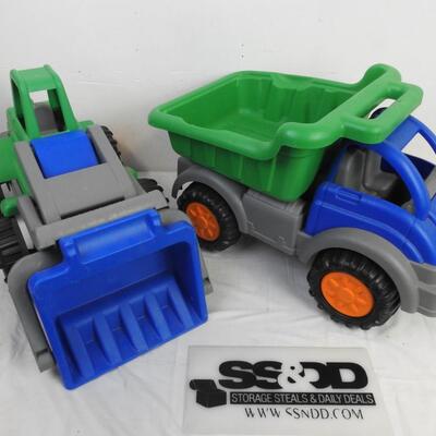 2 Large Toy Trucks, Green and Blue, Dump Truck and Digger