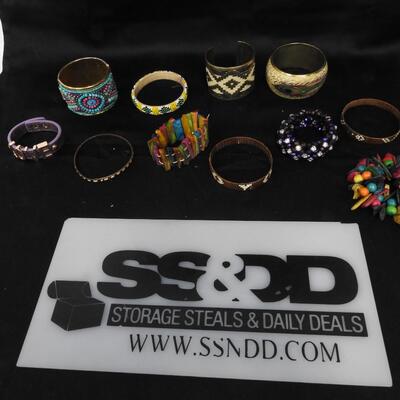 Costume Jewelry 9 Assorted Bracelets, Bead and Leather Designs