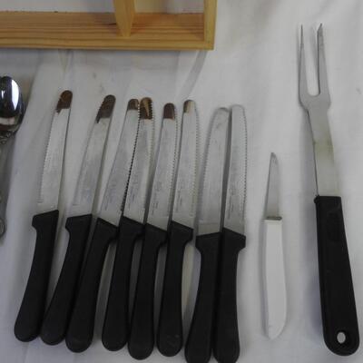 Lot of Flatware, Steak Knives, Flatware Holder