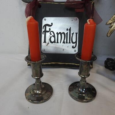 Eleco Plastic Bird Clock, Metal Candleholders, Family Plaque, Red Candle Vase