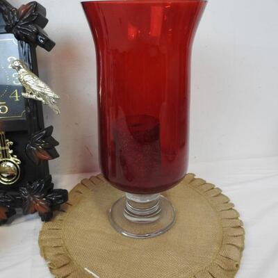 Eleco Plastic Bird Clock, Metal Candleholders, Family Plaque, Red Candle Vase