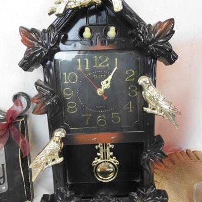 Eleco Plastic Bird Clock, Metal Candleholders, Family Plaque, Red Candle Vase