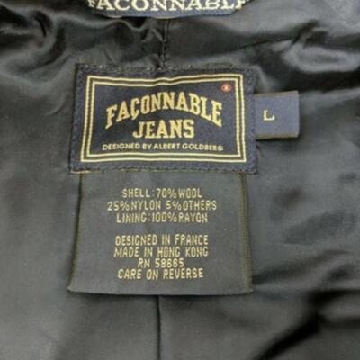 Faconnable Jeans Men's Navy Overcoat Size Large Wool Blend Double Breasted Lined