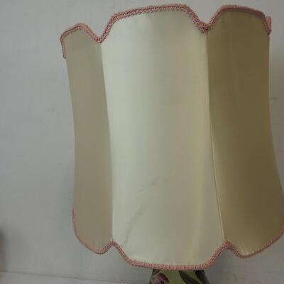 30 Inch Tall Green with Pink Floral Design Lamp, Pink and White Shade, Works