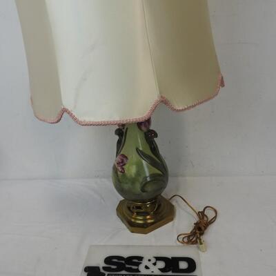 30 Inch Tall Green with Pink Floral Design Lamp, Pink and White Shade, Works