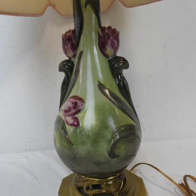 30 Inch Tall Green with Pink Floral Design Lamp, Pink and White Shade, Works