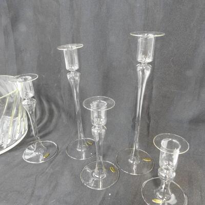 7 pc Glass Candle Holders, 1 Metal Open Lamp, 1 Glass Bowl