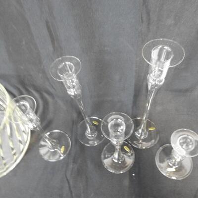 7 pc Glass Candle Holders, 1 Metal Open Lamp, 1 Glass Bowl