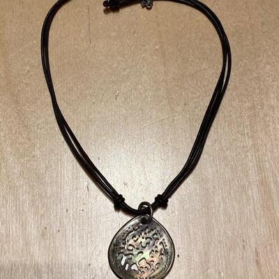 Necklace with leather and abalone shell pendant