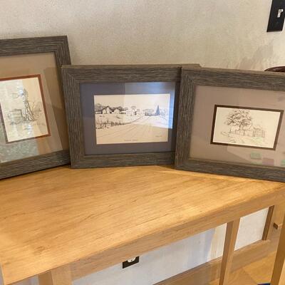 Set of three (3) barnwood framed "farmscape" landscape drawings