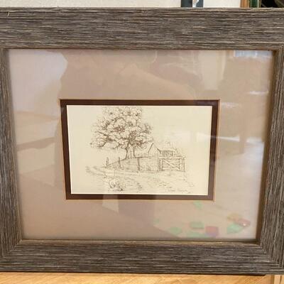 Set of three (3) barnwood framed "farmscape" landscape drawings